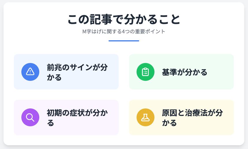 この記事で分かるM字はげについての情報をまとめたイラスト画像