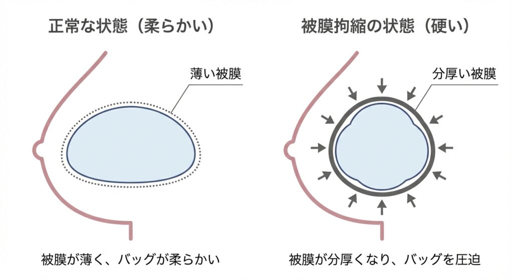 被膜拘縮（カプセル拘縮）のメカニズム図解