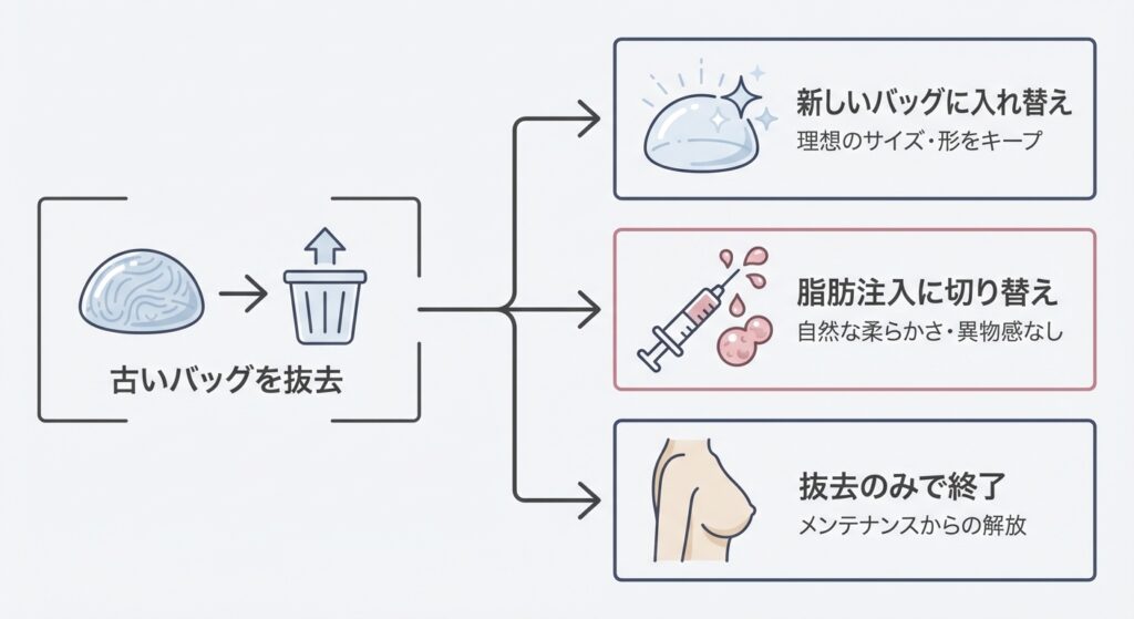 バッグを取り出した後、「どういう選択肢があるか」を整理した図解