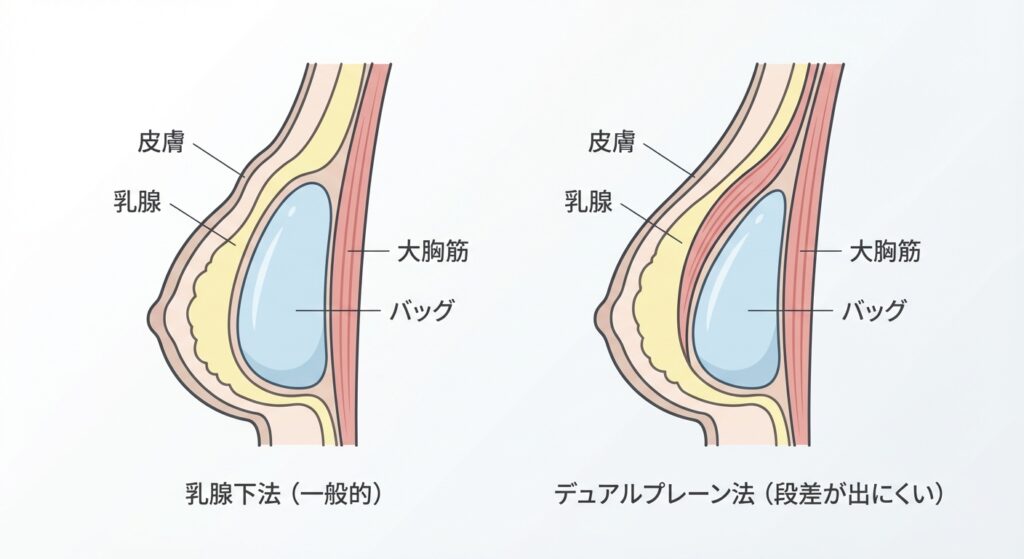 手術方法によるバッグの収まり方の違いに関する図解