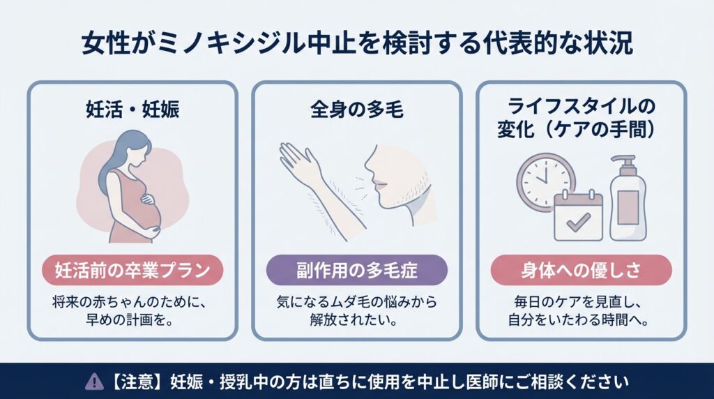 女性がミノキシジル中止を検討する代表的な状況
