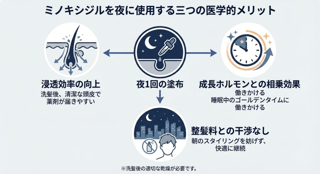 ミノキシジルを夜に使用する三つの医学的メリット