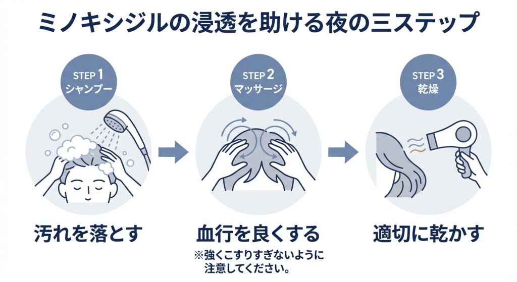 ミノキシジルの浸透を助ける夜の三ステップ