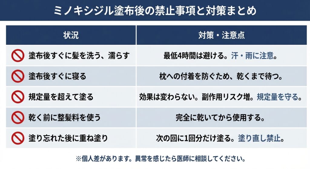 ミノキシジル塗布後の禁止事項と対策まとめ