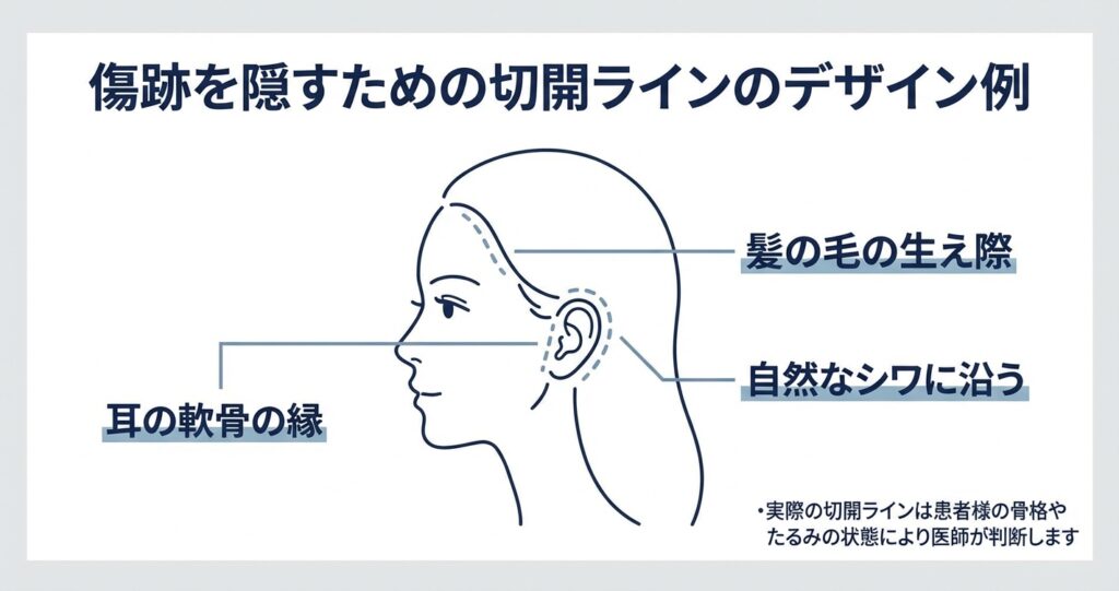 耳の輪郭や髪の毛の生え際に沿った目立たない切開ラインの設定