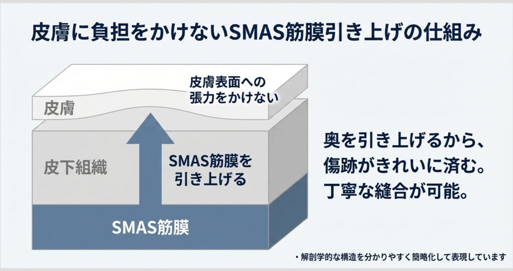 皮膚表面への張力を減らすSMAS筋膜の引き上げと丁寧な縫合が重要