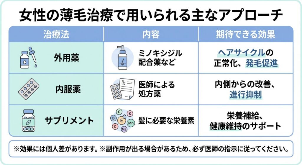 女性の薄毛治療で用いられる主なアプローチ