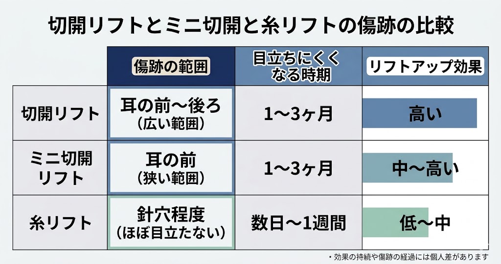 ミニ切開リフトは切開範囲が狭く傷跡が目立ちにくい