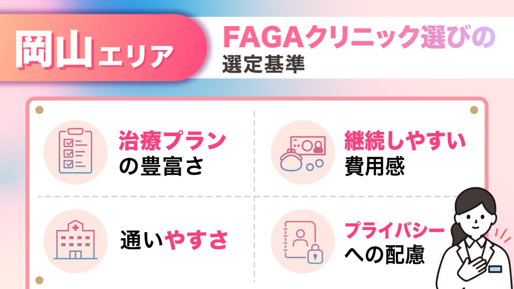 岡山エリアのFAGA女性薄毛治療おすすめクリニックの選定基準