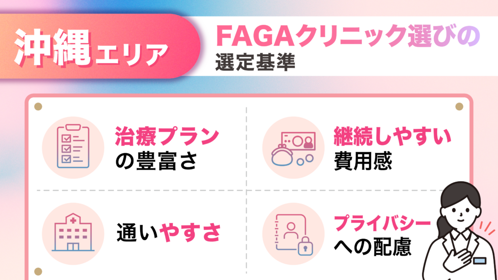 沖縄エリアのFAGA女性薄毛治療おすすめクリニックの選定基準