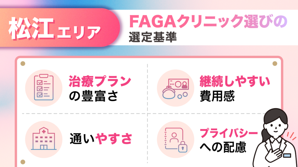 島根県松江市エリアのFAGA女性薄毛治療おすすめクリニックの選定基準