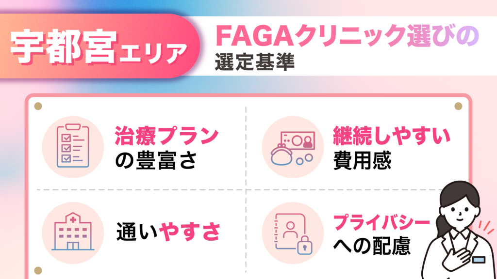 宇都宮エリアのFAGA女性薄毛治療おすすめクリニックの選定基準