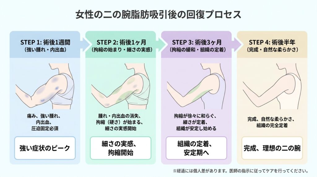 女性の二の腕の脂肪吸引後の回復プロセス