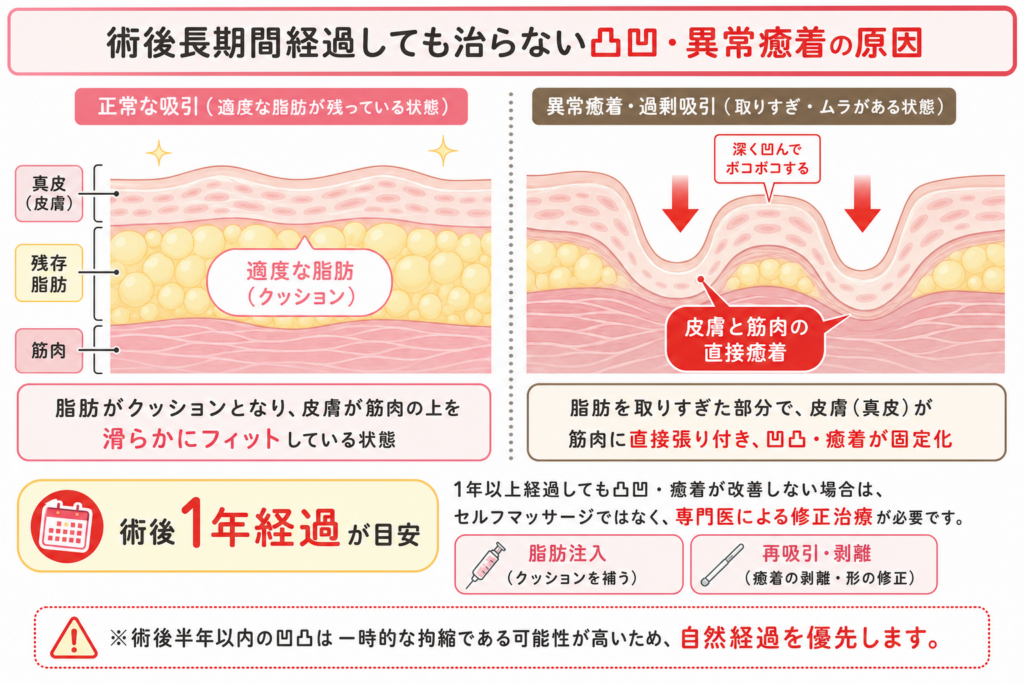 術後長期間経過しても治らない凹凸・以上癒着の原因