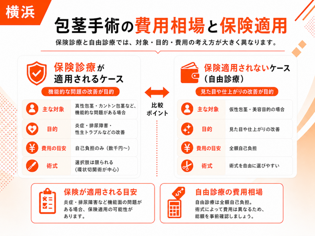 包茎手術の費用相場と保険適用の違いを解説した図