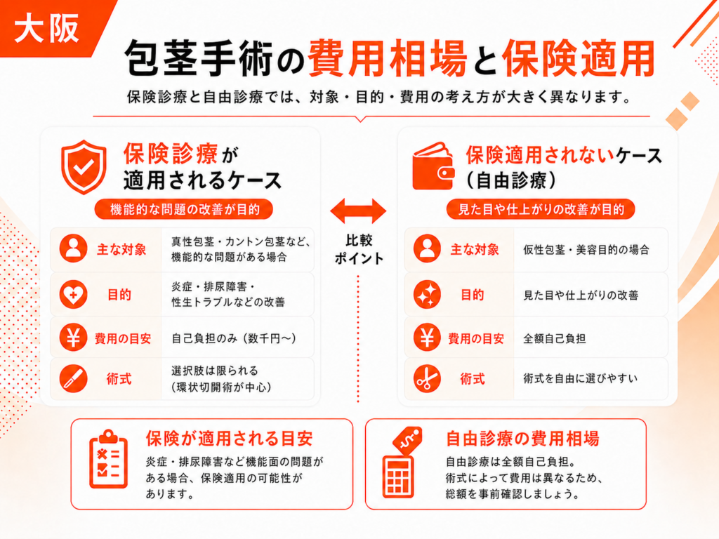 包茎手術の費用相場と保険適用の違いを解説した図
