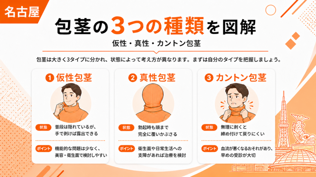 仮性包茎、真性包茎、カントン包茎の3つの種類の違いの図解画像