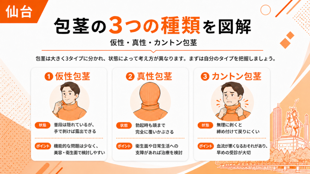 仮性包茎、真性包茎、カントン包茎の3つの種類の違いの図解画像