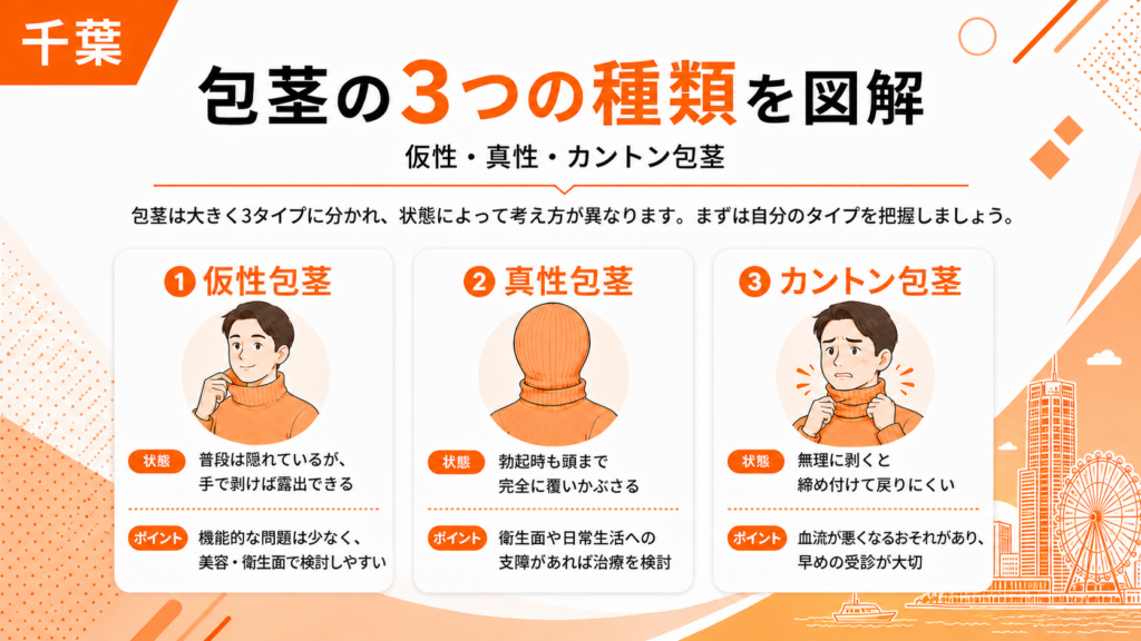仮性包茎、真性包茎、カントン包茎の3つの種類の違いの図解画像