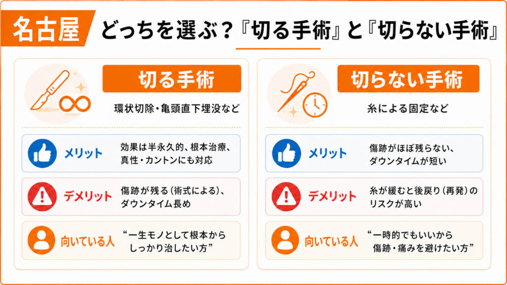 どっちを選ぶ？切る手術と切らない手術の違いを解説した図