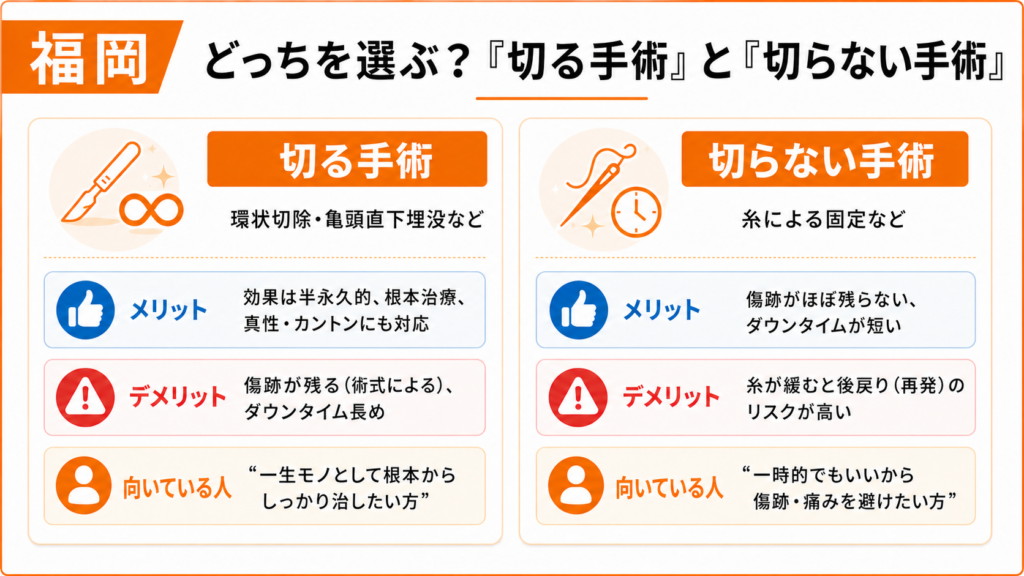 どっちを選ぶ？切る手術と切らない手術の違いを解説した図