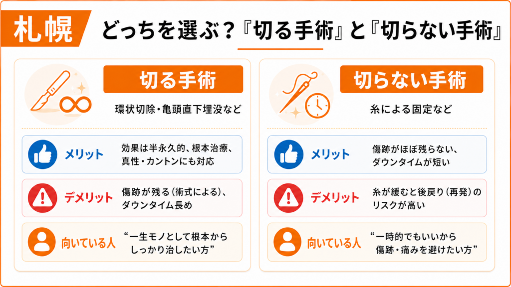 どっちを選ぶ？切る手術と切らない手術の違いを解説した図