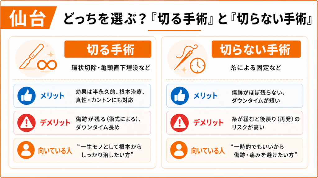 どっちを選ぶ？切る手術と切らない手術の違いを解説した図