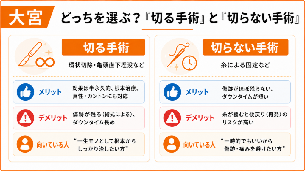 どっちを選ぶ?切る手術と切らない手術の違いを解説した図