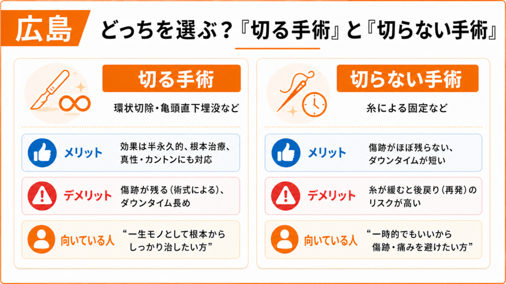 どっちを選ぶ？切る手術と切らない手術の違いを解説した図