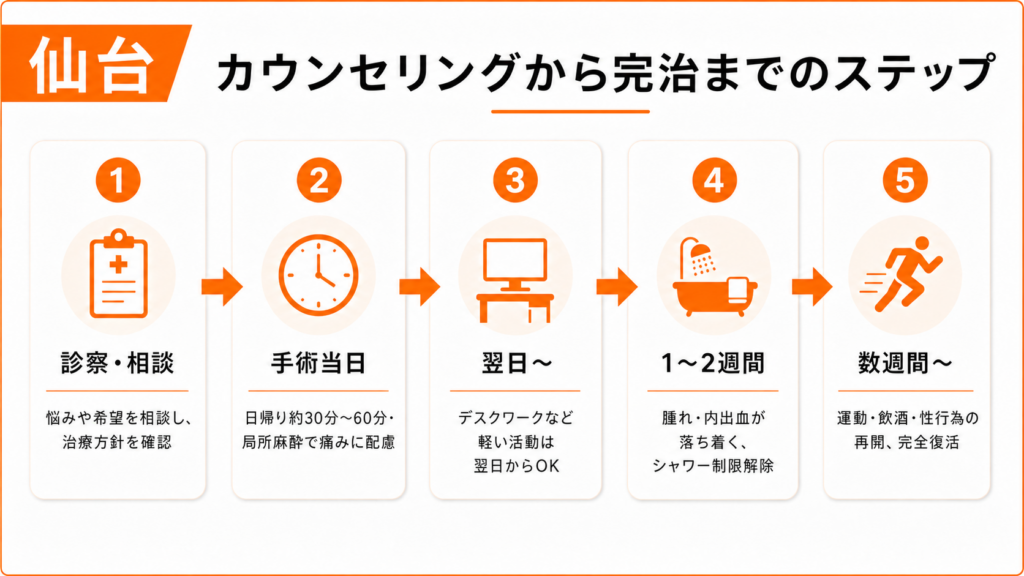 仙台エリアの包茎手術、カウンセリングから完治までのステップ図