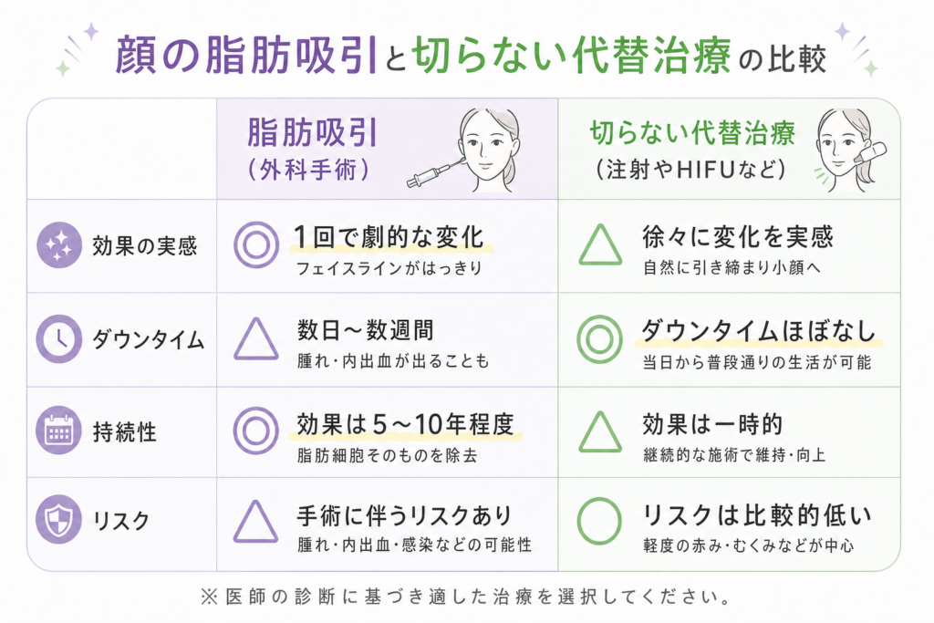 顔の脂肪吸引と切らない代替治療の比較