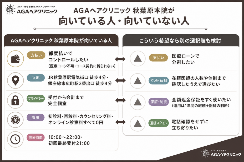 AGAヘアクリニック秋葉原院が向いている人5項目と向いていない人4項目を支払い・立地・費用などの軸で比較した図