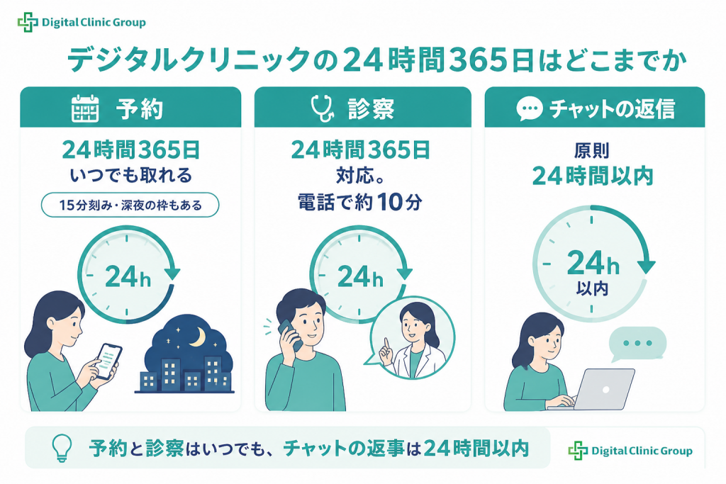 デジタルクリニックの24時間365日の範囲。予約と診察は24時間365日、チャットの返信は原則24時間以内であることを示した図