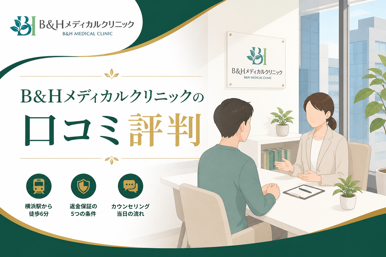 B&Hメディカルクリニックの口コミ評判の記事のアイキャッチ。クリニックの相談室で、スタッフと相談に来た男性が机をはさんで話しているイラスト