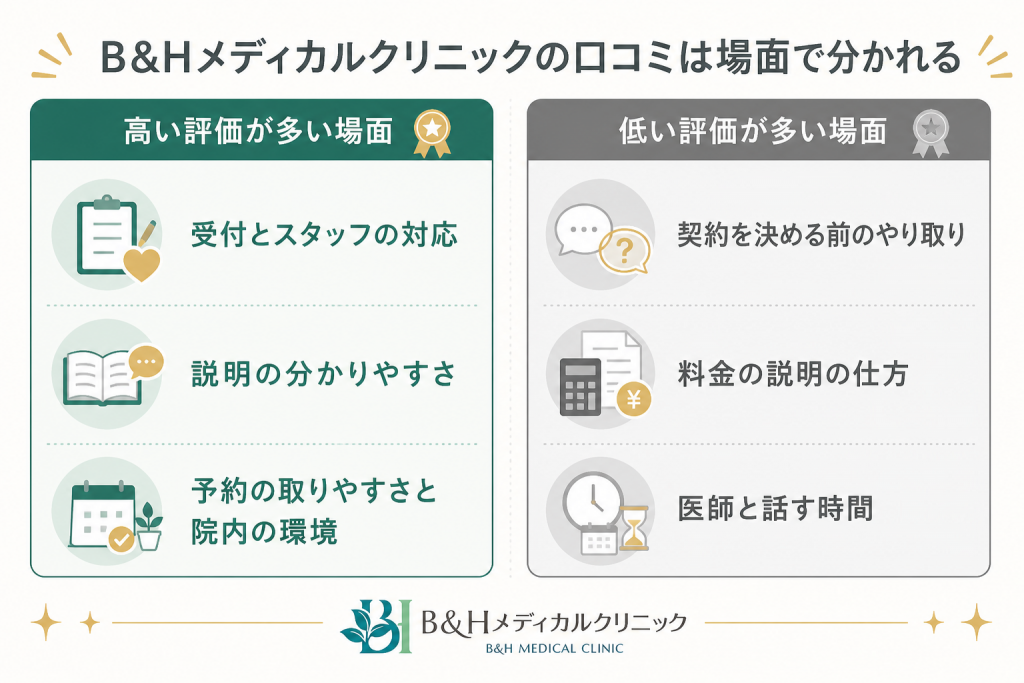 B&Hメディカルクリニックの口コミで高い評価と低い評価が集まる場面を並べた図。高い評価は受付とスタッフの対応、説明の分かりやすさ、予約の取りやすさと院内の環境。低い評価は契約を決める前のやり取り、料金の説明の仕方、医師と話す時間