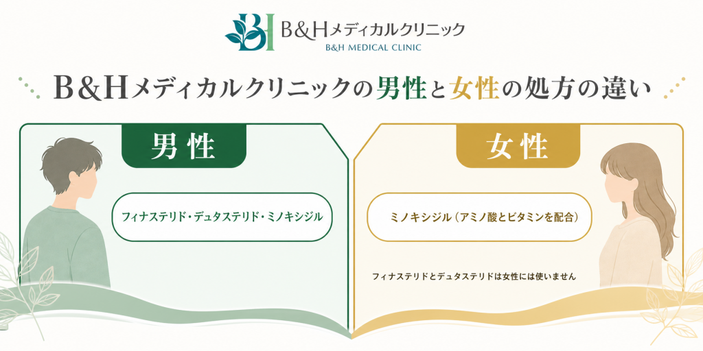 B&Hメディカルクリニックの男性と女性の処方の違いの図。男性はフィナステリド・デュタステリド・ミノキシジル、女性はアミノ酸とビタミンを配合したミノキシジルで、フィナステリドとデュタステリドは女性には使わない